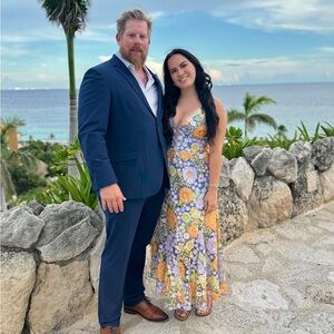 Dress the Population Blue and Orange Floral Midi Skirt